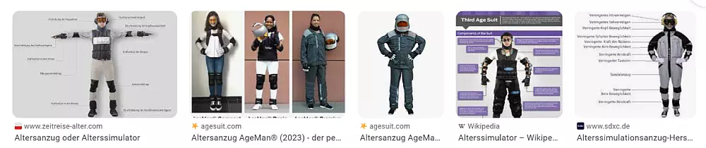 Alterssimulationsanzu: einige Modelle Alterssimulationsanzug von verschiedenen Anbietern